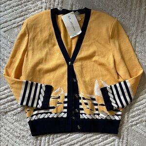 St. John Yellow & Navy Sailboat-Trim V-Neck Cardigan